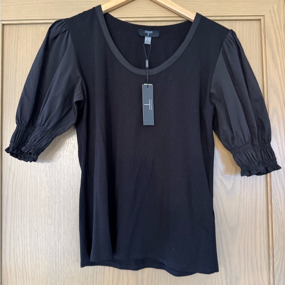 NWT Tahari Black Puff Sleeve Tee Dual Fabric Viscose Blend / medium